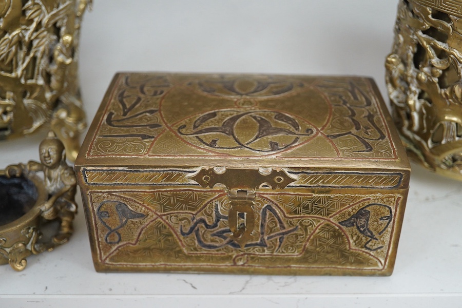 A pair of inscribed Chinese polished bronze reticulated censers, liners and covers, late 19th century, 20cm high together with a Cairo ware box, Condition - fair to good.